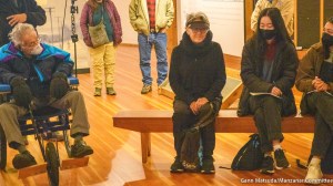 An icebreaker exercise started off the 2022-23 Katari program at the Manzanar National Historic Site. That's former Amache incarceree Min Tonai (seated, left) and former Manzanar incarceree and Manzanar Committee member Pat Sakamoto Icenter).